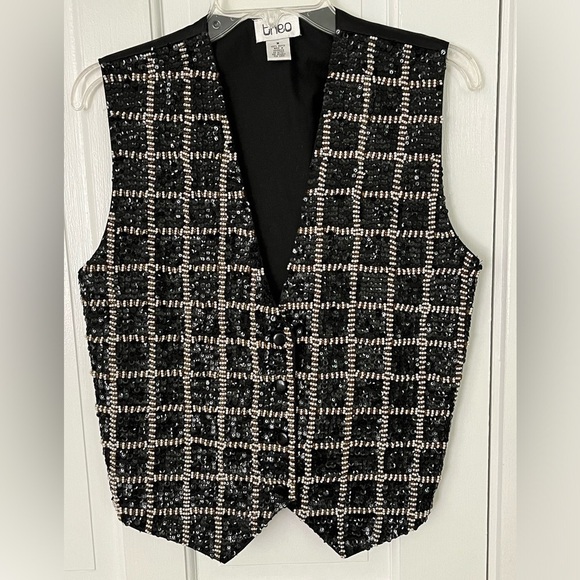Vintage Theo 90’s Black/Gold/Pearl Checkered Print Sequin Beaded Vest Size M - Picture 1 of 12